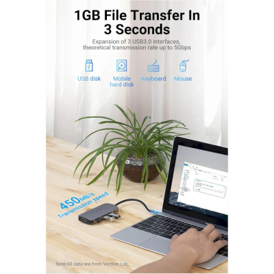 Концентратор Vention USB 3.1 Type-C to HDM/USB 3.0х3//PD 100W 5-in-1 (THFHB)