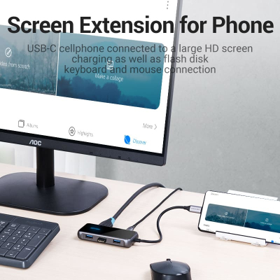 Концентратор Vention USB 3.1 Type-C to HDMI 4K60Hz/USB 3.0х3/RJ45/PD 87W 6-in-1 Mirrored Surface (TFFHB)