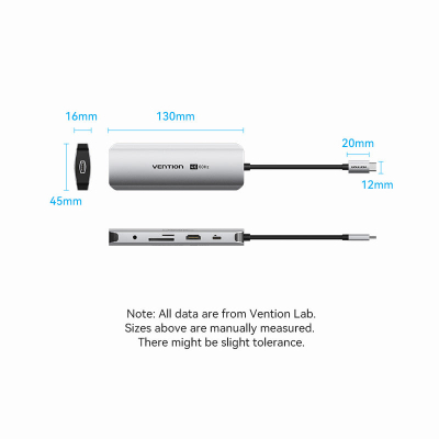 Концентратор Vention USB 3.1 Type-C to HDMI 4K60Hz/USB 3.0x2/RJ45/SD/TF/3.5mm/PD 100W Hub 9-in-1 (TQMHB)