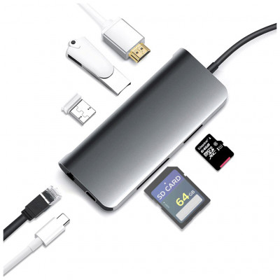 Концентратор Prologix USB3.1 Type C to HDMI+2*USB3.0+PD+Lan+TF+SD (PR-WUC-105B)