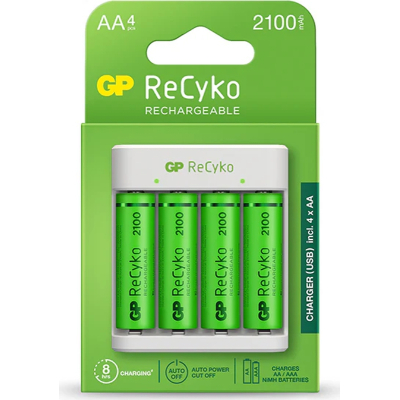 Зарядний пристрій для акумуляторів Gp ReCyko 4-Slot E411 USB Charger (w/ 4's 2100mAh AA Batteries) (GPE411 210AAHCN-2B4)