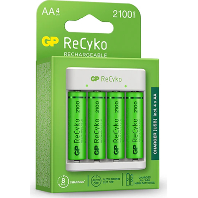 Зарядний пристрій для акумуляторів Gp ReCyko 4-Slot E411 USB Charger (w/ 4's 2100mAh AA Batteries) (GPE411 210AAHCN-2B4)