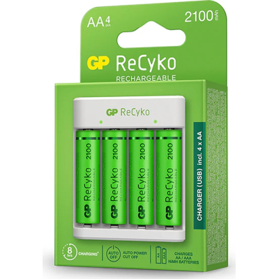 Зарядний пристрій для акумуляторів Gp ReCyko 4-Slot E411 USB Charger (w/ 4's 2100mAh AA Batteries) (GPE411 210AAHCN-2B4)