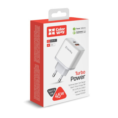 Зарядний пристрій ColorWay Power Delivery Port PPS USB (Type-C PD+ USB QC3.0) (45W) white (CW-CHS042PD-WT)