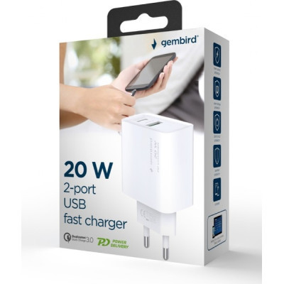 Зарядний пристрій Gembird USB-A + Type-C (PD20W + QC3.0 18W) white (TA-UC-PDQC20-01-W)