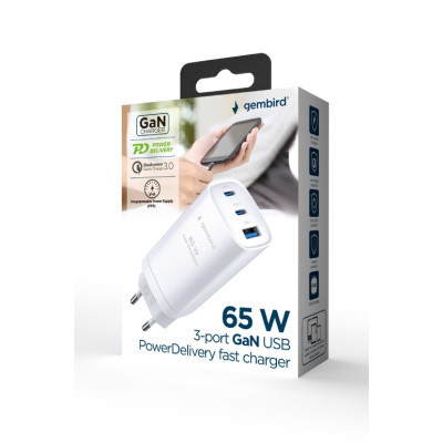 Зарядний пристрій Gembird USB-A + 2xType-C (PD18W + QC3.0 27W) white (TA-UC-PDQC65-01-W)