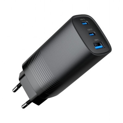 Зарядний пристрій Gembird USB-A + 2xType-C (PD18W + QC3.0 27W) black (TA-UC-PDQC65-01-BK)