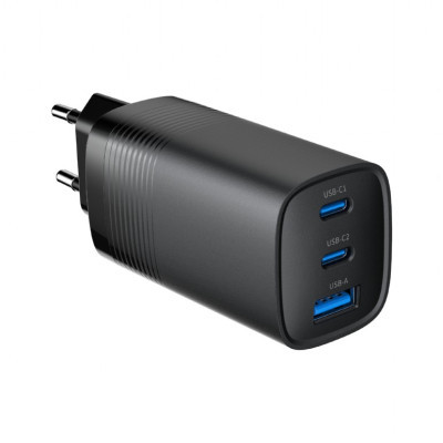 Зарядний пристрій Gembird USB-A + 2xType-C (PD18W + QC3.0 27W) black (TA-UC-PDQC65-01-BK)