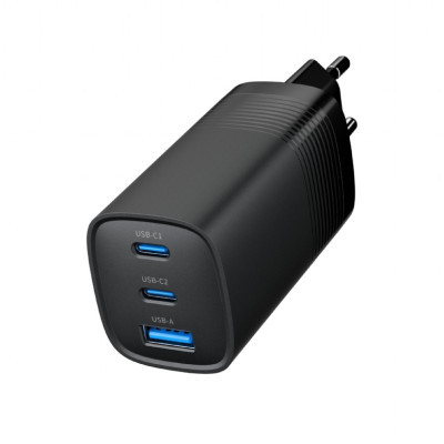 Зарядний пристрій Gembird USB-A + 2xType-C (PD18W + QC3.0 27W) black (TA-UC-PDQC65-01-BK)