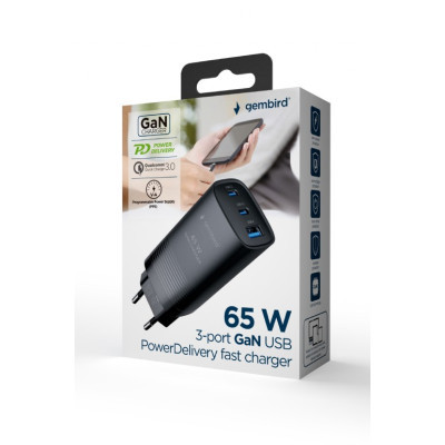 Зарядний пристрій Gembird USB-A + 2xType-C (PD18W + QC3.0 27W) black (TA-UC-PDQC65-01-BK)