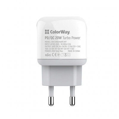Зарядний пристрій ColorWay Type-C PD + USB QC3.0 20W white (CW-CHS024QPD-WT)
