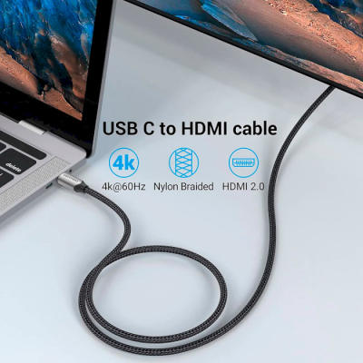 Кабель мультимедійний USB-C 3.1 to HDMI 1.5m 4K 60 Гц Thunderbolt 3 HDCP2.2 PVC Black Vention (CRBBG)