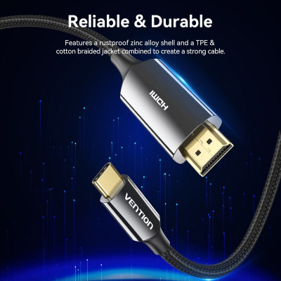 Кабель мультимедійний USB-C 3.1 to HDMI 1.8m 8K 60 Гц Zinc Alloy TPE Black Vention (CRCBAC)