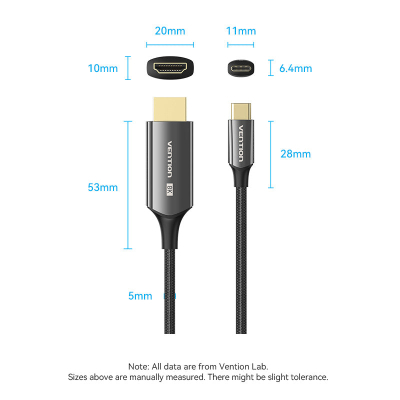 Кабель мультимедійний USB-C 3.1 to HDMI 1.8m 8K 60 Гц Zinc Alloy TPE Black Vention (CRCBAC)