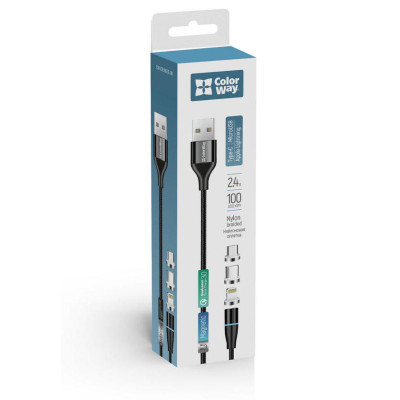 Дата кабель USB 2.0 AM to Lightning + Micro 5P + Type-C 1.0m Magnetic ColorWay (CW-CBUU038-BK)