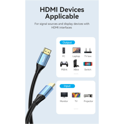 Кабель мультимедійний HDMI to HDMI 10.0m V2.0 4K 60Hz Aluminum Alloy Blue Vention (ALHSL)