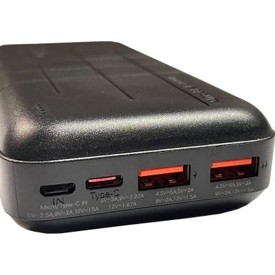 Батарея універсальна XO 20000mAh, PD/20W, QC3.0/22.5W, Input(Type-C,MicroUSB), Output(2*USB,Type-C), Black (PR188_Black)