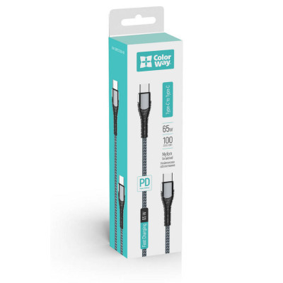 Дата кабель USB-C to USB-C 1.0m PD Fast Charging 65W 3А grey ColorWay (CW-CBPDCC040-GR)