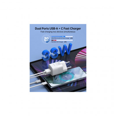 Зарядний пристрій Choetech GaN USB-A/USB-C 33W QC3.0/PD/PPS (PD5006-EU-WH)