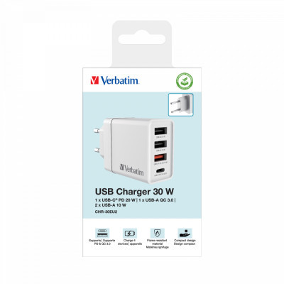 Зарядний пристрій Verbatim USB 30W PD3.0 4-ports white (49701)