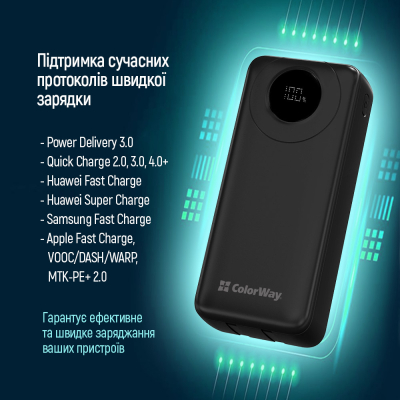 Батарея універсальна ColorWay 20 000 mAh EnergyPlus PD/18W, QC3.0/22.5W, Black (CW-PB200LPB4BK-PDD)