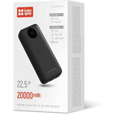 Батарея універсальна ColorWay 20 000 mAh EnergyPlus PD/18W, QC3.0/22.5W, Black (CW-PB200LPB4BK-PDD)
