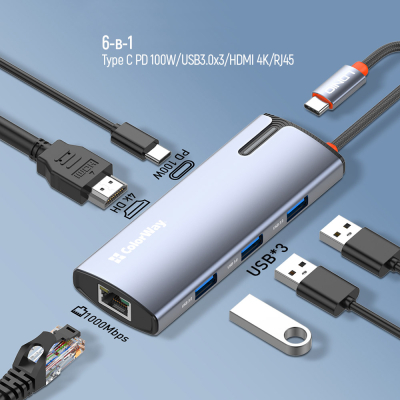 Порт-реплікатор ColorWay Docking Station USB-C 6-в-1 Type C PD 100W/USB3.0х3/HDMI 4К/RJ45 (CW-HUB02)