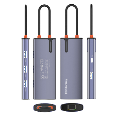 Порт-реплікатор ColorWay Docking Station USB-C 6-в-1 Type C PD 100W/USB3.0х3/USB2.0/RJ45 (CW-HUB03)