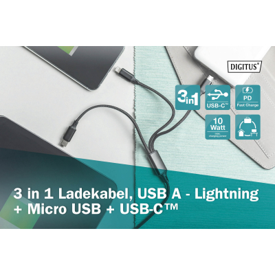 Дата кабель USB 2.0 AM to Lightning + Micro 5P + Type-C 1.0m charge only Digitus (AK-300160-010-S)