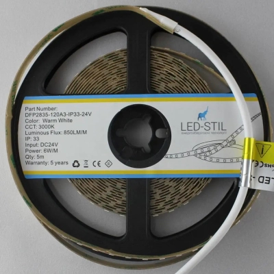 Світлодіодна стрічка LED-STIL 3000K 6 Вт/м 2835 128 діодів IP33 24 Вольта 850 lm тепле світло (DFP2835-128A3-IP33-24V)