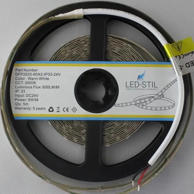 Світлодіодна стрічка LED-STIL 3000K 6 Вт/м 2835 60 діодів IP33 24 Вольта 550 lm (DFP2835-60A3-IP33-24V)