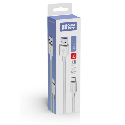 Дата кабель USB 2.0 AM to Type-C 1.0m 5A white ColorWay (CW-CBUC019-WH)
