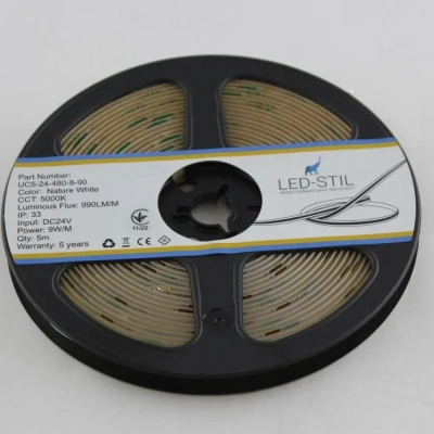 Світлодіодна стрічка LED-STIL 5000K 9 Вт/м COB 480 діодів IP33 24 Вольта 990 lm біле денне світло (UC5-24-480-8-90)