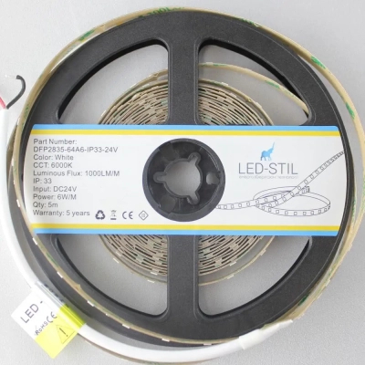 Світлодіодна стрічка LED-STIL 6000K 6 Вт/м 2835 64 діода IP33 24 Вольта 1000 lm холодне світло (DFP2835-64A6-IP33-24V)