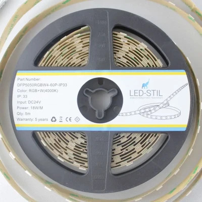 Світлодіодна стрічка LED-STIL RGB+W 4000К 18 Вт/м 5050 60 діодів IP33 24 Вольта 180 lm кольорова (DFP5050RGBW4-60P-IP33-24V)