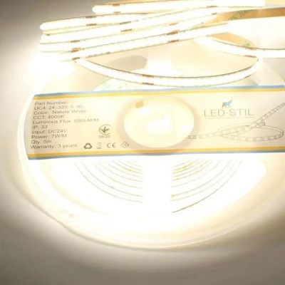Світлодіодна стрічка LED-STIL 4000K 7 Вт/м COB 320 діодів IP33 24 Вольта 650 lm нейтральне світло, вузька (UC4-24-320-5-90)