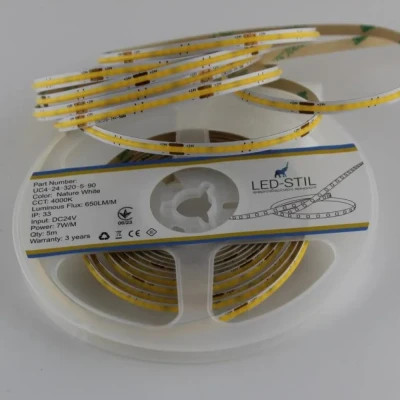 Світлодіодна стрічка LED-STIL 4000K 7 Вт/м COB 320 діодів IP33 24 Вольта 650 lm нейтральне світло, вузька (UC4-24-320-5-90)