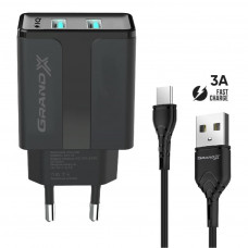 Зарядний пристрій Grand-X CH-15T 5V 2,4A 2USB Black + cable USB -> Type-C (CH-15T)