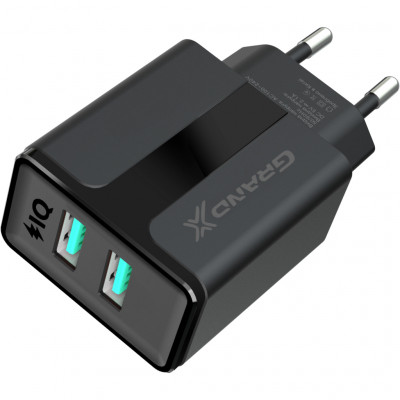 Зарядний пристрій Grand-X CH-15T 5V 2,4A 2USB Black + cable USB -> Type-C (CH-15T)