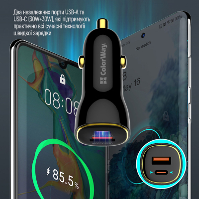 Зарядний пристрій ColorWay PowerDelivery PPS USB (USB-A + USB-C) (60W) Black (CW-CHA046PD-BK)