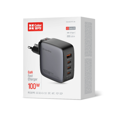 Зарядний пристрій ColorWay Power Delivery GaN (USB-A + 3USB TYPE-C) (100W) (CW-CHS047PD-BK)