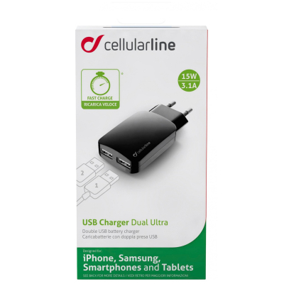 Зарядний пристрій 2*USB 3,1A Cellularline (ACHUSBMOBILEDUAL3A)