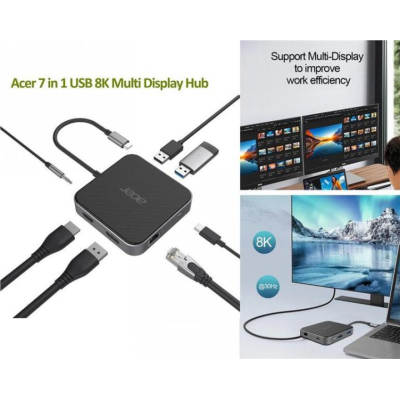 Порт-реплікатор Acer 7-in-1, 8K, HDMI, DP, 2xUSB3.2, USB-C, RJ45, 3.5mm AP (HP.DSCAB.013)