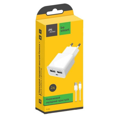 Зарядний пристрій Florence 2*USB, 2.0A + cable Lightning white (FW-2U020W-L)