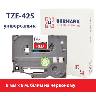 Стрічка для принтера етикеток UKRMARK B-T425P, ламінована, 9мм х 8м, white on red, аналог TZe425 (CBTZ425)