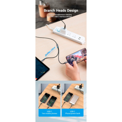 Дата кабель USB 2.0 AM to 2хUSB-C M 1.0m Y-Splitter Charging Cable 2.4А 480Mbps Aluminum Al Vention (CQOHF)