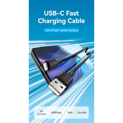 Дата кабель USB 2.0 AM to Type-C 3.0m 3.0A (18W) PVC black Vention (CTHBI)
