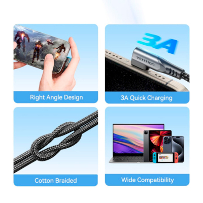 Дата кабель USB-C to USB-C 0.5m USB2.0 60W (20V/3A) angle 90° Gray Aluminum Alloy Vention (TRAHD)