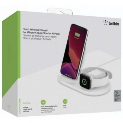 Зарядний пристрій Belkin 3-in-1 Wireless Pad/Stand/Apple Watch, white (WIZ001VFWH)