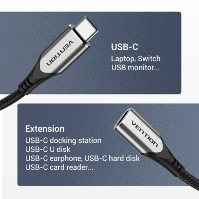 Дата кабель USB-C 3.1 M/F 1.0m 60W (20V/3A) 4K60HZ Thunderbolt 3 Vention (TABHF)